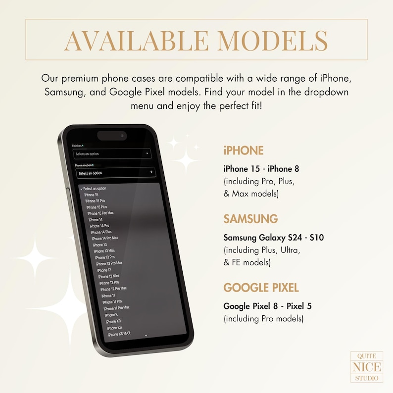 May include: A screenshot of a phone case selection menu. The menu shows a list of compatible phone models, including iPhone, Samsung, and Google Pixel. The text "AVAILABLE MODELS" is displayed at the top of the image.