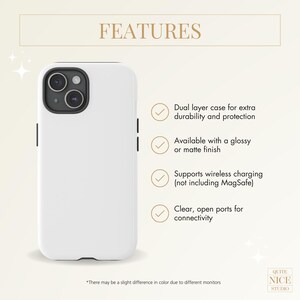 May include: White phone case with a dual layer design for extra durability and protection. The case has clear, open ports for connectivity and supports wireless charging, excluding MagSafe.
