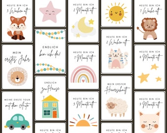 Meine Meilensteine, Milestone cards für Babys, 0-12 Monate, 36 Karten, deutsch, Boho, Junge und Mädchen