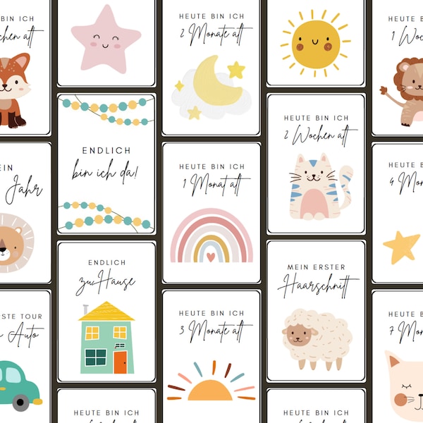 Meine Meilensteine, Milestone cards für Babys, 0-12 Monate, 36 Karten, deutsch, Boho, Junge und Mädchen
