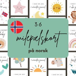 May include: A set of 36 milestone cards in Norwegian. The cards feature illustrations of a lion, a star, a sun, a rainbow, a unicorn, a heart, a bath tub, and balloons. The cards are designed to be used to document a baby's first year.