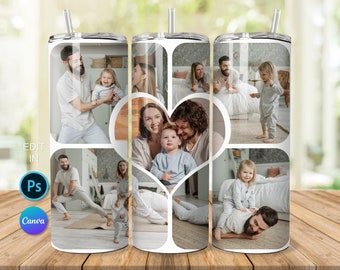 May include: A white tumbler with a collage of family photos. The photos show a family of four, including two parents and two children. The photos are arranged in a heart shape in the center of the tumbler. The tumbler has a silver lid and a straw.
