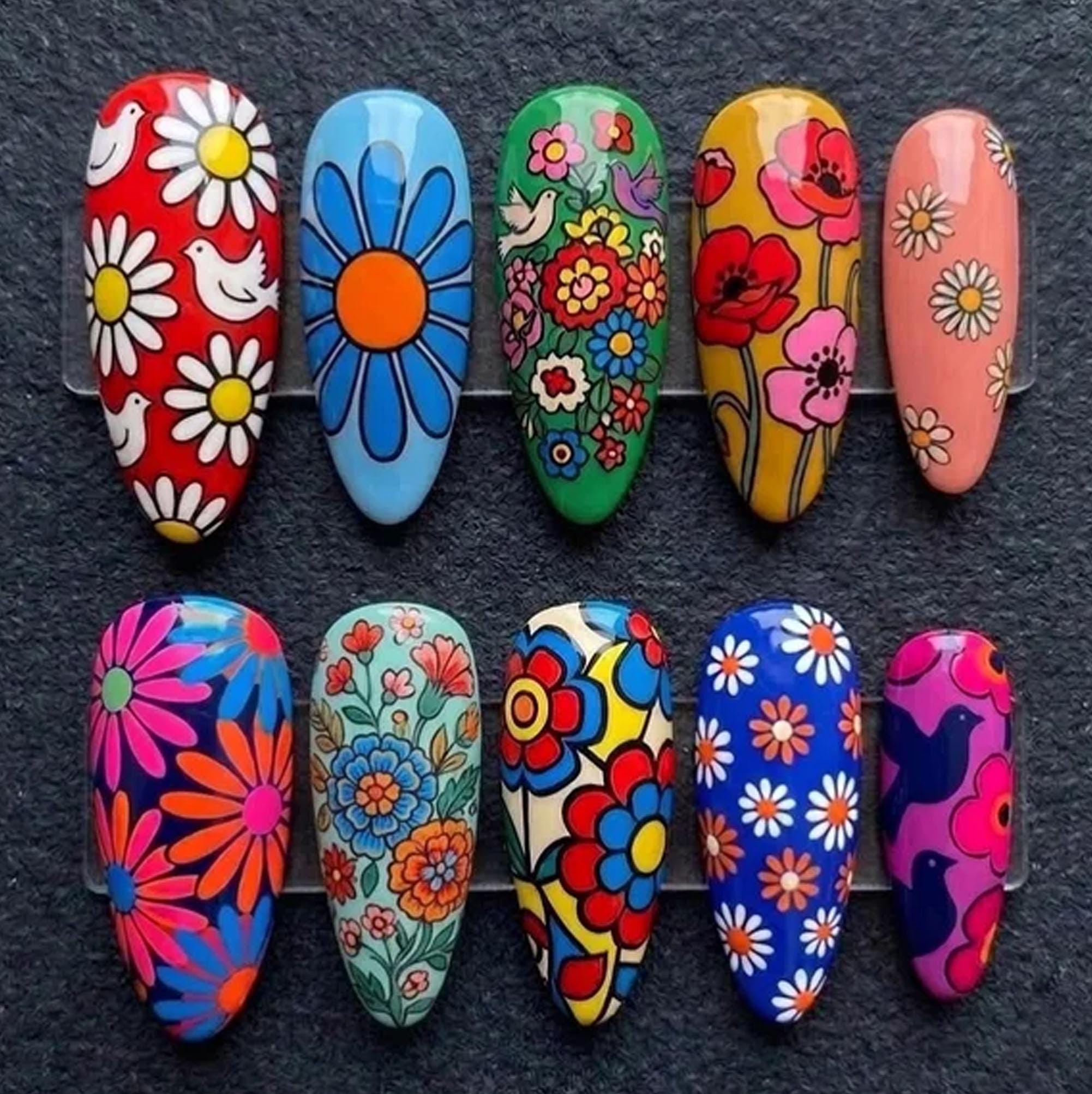 Retro Floral Press on Nails Colorful 70s Flower Power Nails Groovy ...