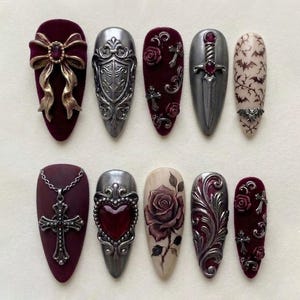Handmade Gothic Medieval Press On Nails | 3D Cross, Sword & Armor Shield Design | Burgundy Red Silver Luxury Stiletto Set