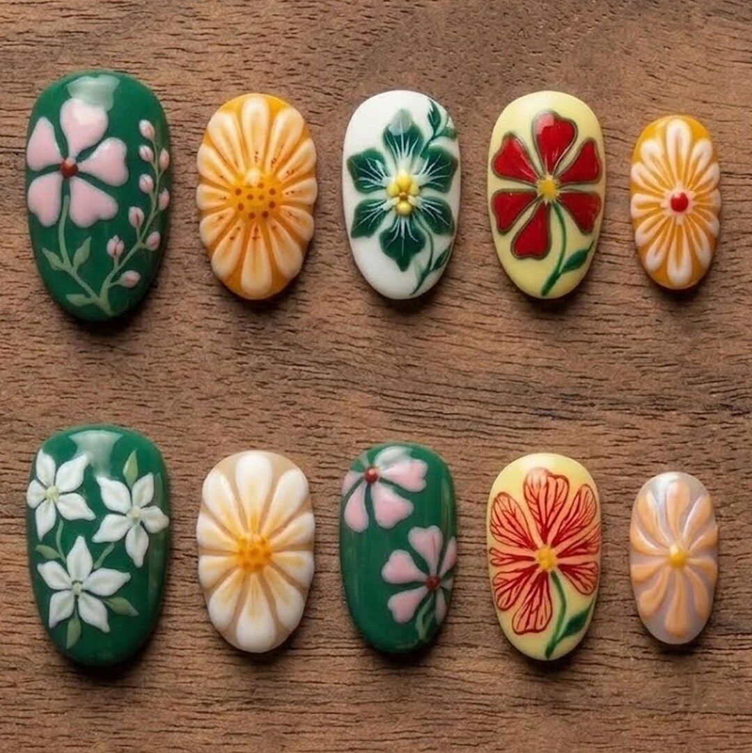 Handmade Retro Floral Press on Nails | Vintage 70s Flower Design | Cute ...
