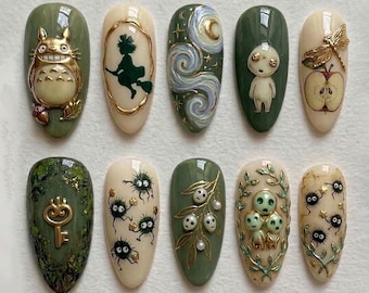 Handgemachte Ghibli inspirierte Presse auf den Nägeln | Rußmännchen, Geist & Walddesign | Süße Fantasy Mandel Nägel