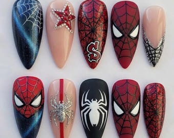 Web Hero Press On Nails | Glitter Spider Motif & Red Mask Art | Graphic Fantasy Nail Set