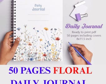 Floral Daily Journal 50 Pages Aesthetic Flower Cover Notebook for Women Cute Writing Journal Softcover Lined Paper Diary