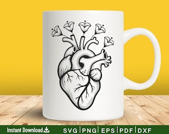 Anatomical Heart Cut File | Anatomic Heart Svg | Floral Hearth Clipart | Flora Hearts Tshirt Design | Heart Tattoo Stencil | Dxf | Png
