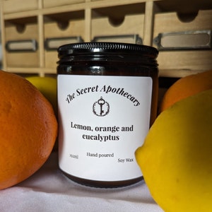 Lemon, Orange and Eucalyptus Luxury Scented Candle- 100% organic soy wax candle with premium essential oils in amber glass jar. Eco friendly
