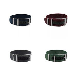 Einteiliges verstellbares Premium Nylon-Uhrenarmband | 7 Farben - 20, 22 mm - Schließe: Silber gebürstet | Nylon | Ersatz-Armband