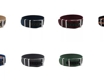 Einteiliges verstellbares Premium Nylon-Uhrenarmband | 7 Farben - 20,22mm - Schließe: Silber gebürstet | Nylonschnur | Ersatz-Armband