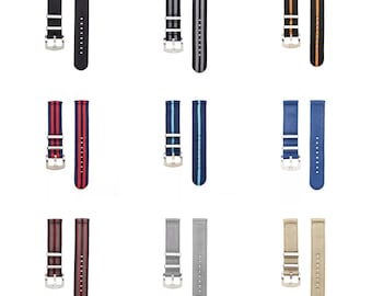 Nylon-Uhrenarmband 2-teilig | 12 Farben - 18, 20, 22 mm - Schließe: Silber gebürstet | Nylonschnur | Ersatz-Armband
