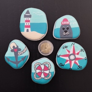 MARITIME 5-SERIES, painted stones, fridge magnets, seal, sea bear, lighthouse, anchor, lifebuoy, compass, sea, Baltic Sea, gift