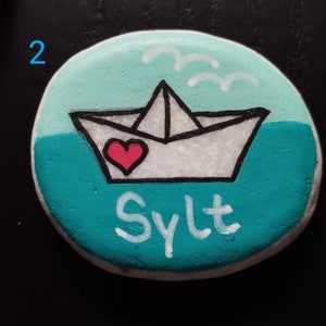 SYLT - painted stone, fridge magnet, sea, island, ship, gift, turquoise, magnet, stone art, acrylic, souvenir, collectible, North Sea