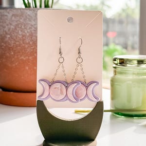 Triple Moon Earrings: Pink Marbled Clay Dangles - Witchy Lunar Jewelry