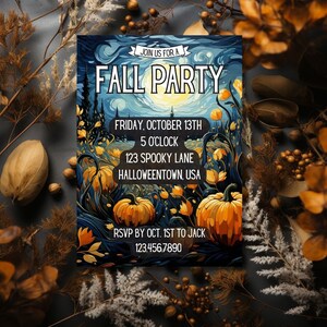 May include: Fall party invitation with a starry night sky background and pumpkins. The invitation includes the date, time, address, and RSVP information.