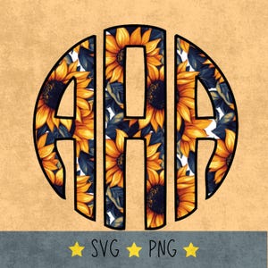 May include: A monogram design featuring the letters "AAA" in a circle. The background is a white pattern of yellow sunflowers with dark green leaves.