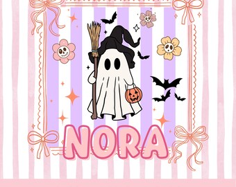 May include: A whimsical Halloween-themed graphic featuring a cartoon ghost wearing a witch hat and holding a broom and jack-o'-lantern. The name "NORA" is displayed in pink bubble letters. The design includes bats, flowers, and stars on a striped background.