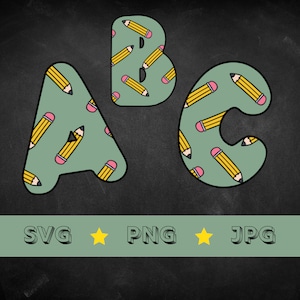 Back to School pencil pattern digital alphabet instant download - PNG, SVG digital files for scrapbooking, crafting, apparel, & sublimation