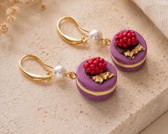 Elegant macaron earrings | Purple dessert jewelry with pearl | Handmade food earrings | Polymer clay jewelry | Gift for her