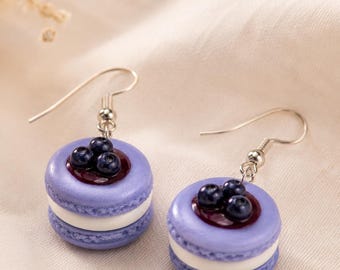Handmade macaron earrings | Blueberry dessert jewelry | Cute food drop earrings | Polymer clay jewelry | Gift for her
