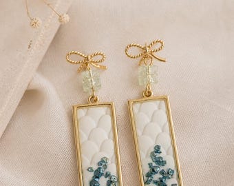 Elegant gold and blue earrings | Delicate statement earrings | Floral jewelry | Dangle earrings | Handmade | Romantic jewelry