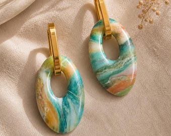 Elegant statement earrings | Polymer clay | Marbled earrings | Gold jewelry | Handmade | Lightweight drop earrings | Gift for her