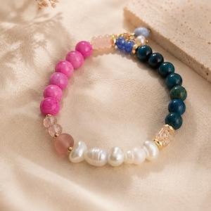 Colorful Pearl Beaded Bracelet, Y2K Aesthetic Jewelry, Pink Blue Gemstone Bracelet, Boho Coquette Gift for Her