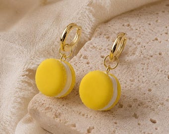 Macaron Earrings Yellow | Lemon Dessert Jewelry | Handmade Food Drop Earrings | Polymer Clay Jewelry | Gift for Her