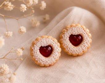 Handmade Cookie Earrings | Linzer Cookie Jewelry with Heart | Cute Food Jewelry Stud Earrings | Polymer Clay Jewelry | Gift for Her