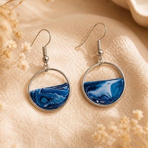 Blue Ocean Earrings, Silver Dangle Earrings, Marbled Polymer Clay Jewelry