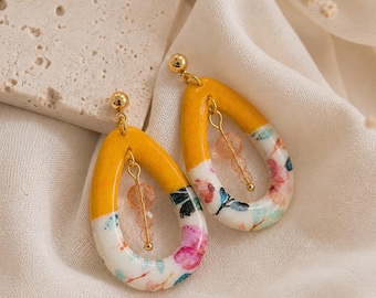 Modern statement earrings | Polymer clay | Floral earrings | Gold jewelry | Handmade | Lightweight drop earrings | Gift for her