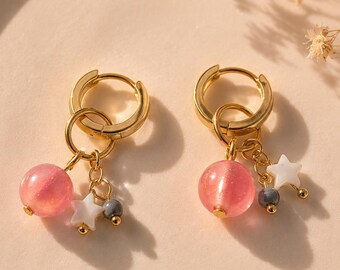 Y2K Hoop Earrings, Pink Charm Hoops, Cute Beaded Earrings, Gold Huggie Earrings, Girly Jewelry, Gift for Her
