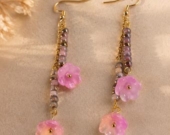 Pink Flower Earrings | Delicate Drop Earrings | Floral Earrings | Cherry Blossom | Polymer Clay Jewelry | Romantic Jewelry | Gift for Her