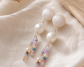 Shell earrings with pastel pearls | Beach jewelry earrings | Summer jewelry | Elegant statement earrings | Gift for women