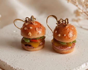 Burger Earrings – Cute Handmade Mini Food Jewelry | Kawaii Polymer Clay Hoop Earrings | Fun Gift for Her