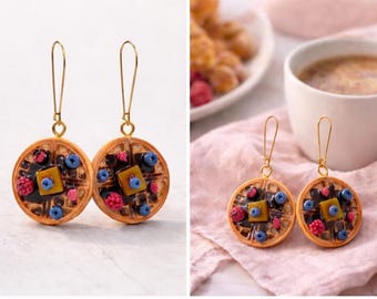 Waffle Earrings with Berries | Mini Waffle Dangle Earrings | Sweet Dessert Jewelry | Food Earrings | Polymer Clay Jewelry Gift Idea