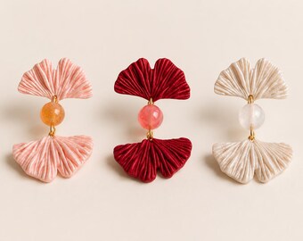 Ginkgo Leaf Earrings, Polymer Clay Dangle Studs, Floral Statement Earrings, Pink Red Ivory, Lightweight Gift for Her