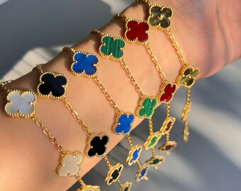 Four Leaf Clover Bracelet thick gold plated with zircons black, white &  green
