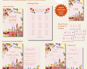 WEDDING INVITATION SUITE template full bundle - Hand Painted Orange Florals (A5) - Downloadable and Customisable
