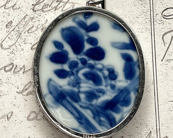 Antique Ming Dynasty China Porcelain Shard Pendant Necklace Whimsical Blue Peony Flower Pendant broken china jewelry Traditional Chinese