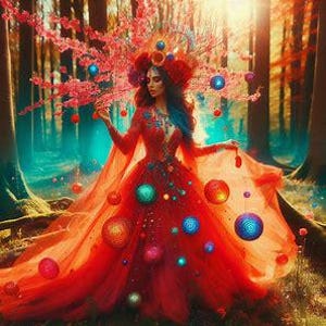 May include: A woman in a red dress with a crown of flowers and glowing orbs, standing in a forest setting.