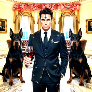 Puede incluir: Un hombre en traje negro con detalles dorados, sosteniendo una copa de vino tinto, flanqueado por dos Doberman Pinschers. El texto "ANTICHIST PACT" en neón rojo es visible.