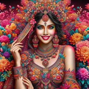 May include: A woman wearing a colorful, ornate headpiece and traditional Indian clothing. She is smiling and has her hand on her veil. The background is a blur of colorful flowers.