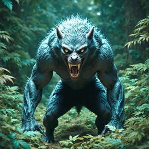 Può includere: Un minaccioso lupo mannaro con pelliccia blu e occhi giallo brillante si erge in una foresta. La sua bocca è aperta, rivelando denti affilati. La creatura muscolosa sembra pronta ad attaccare, circondata da verdeggiante fogliame.