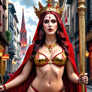 Peut inclure: Une femme porte une couronne dorée et rouge, des bijoux et un bikini assorti, dans une rue européenne. Elle est drapée d'une cape rouge et tient un bâton doré. L'arrière-plan présente des bâtiments et une église.