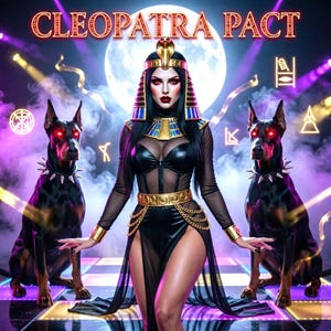 May include: Digital artwork featuring a woman in a Cleopatra-inspired outfit, flanked by two Doberman Pinschers with glowing red eyes. The image has the text "CLEOPATRA PACT" at the top, with a full moon in the background and neon accents.