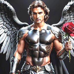 May include: A digital art image of a muscular figure with silver armor, large white wings, and holding a red rose. The figure has long, wavy brown hair and a serious expression. The background is dark.
