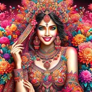 May include: A vibrant portrait of a woman adorned in elaborate, colorful Indian jewelry and clothing. She wears a jeweled headpiece, earrings, necklace, and bracelets. The background is filled with bright flowers in shades of pink, orange, and purple.